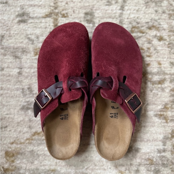Birkenstock Burgundy Suede Braided Boston Clogs - Picture 1 of 4